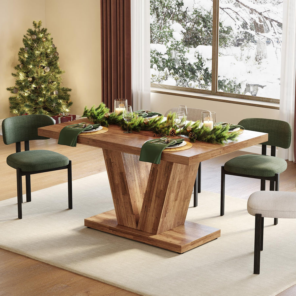 47 Inches Dining Table for 4, Modern Dining Room Tables, Brown Rectangle Kitchen Table with V-Shaped Pedestal, Wooden