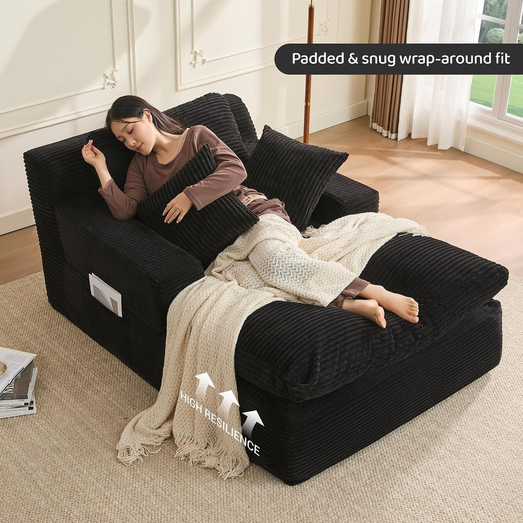 63" Chaise Lounge Chair Indoor, Set of Convertible Sleeper Sofa Couch with Throw Pillows & Side Pockets, Corduroy
