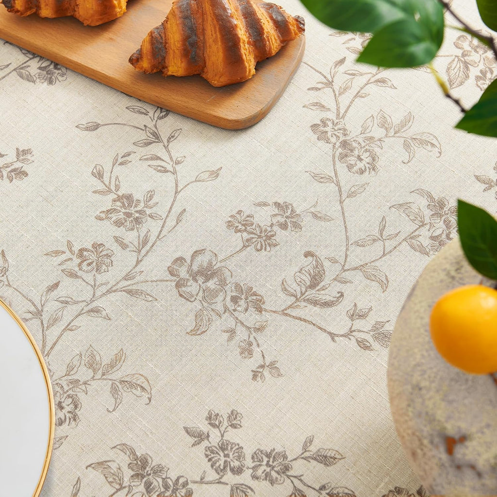 Rectangle Tablecloth - 52 x 70 Inch - Beige Linen Table Cloth - Farmhouse Floral Print Washable Tabl