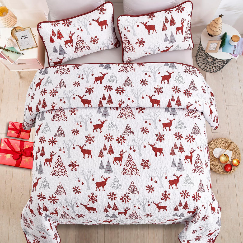 Christmas Quilt Set King Size, Xmas Tree Reindeer Snowflake Quilt