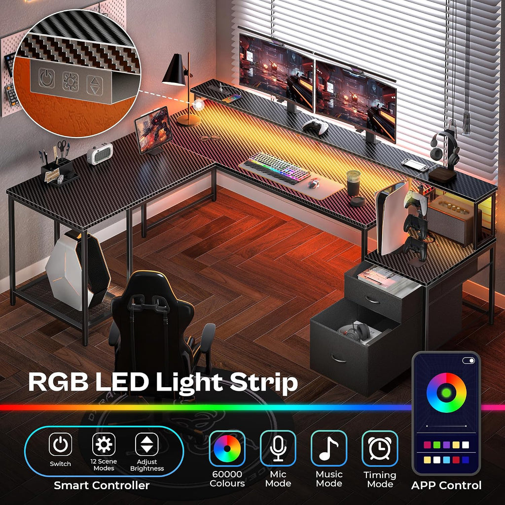 66" L Shaped Gaming Desk with LED Lights & Power Outlets