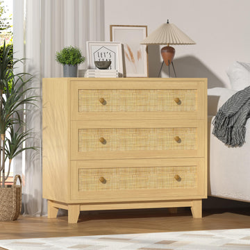 3 Drawer Rattan Dresser, Small Boho Nightstand Sets with Wooden Feet, Rattan Wood Clothes Storage Cabinet (Wood, 3