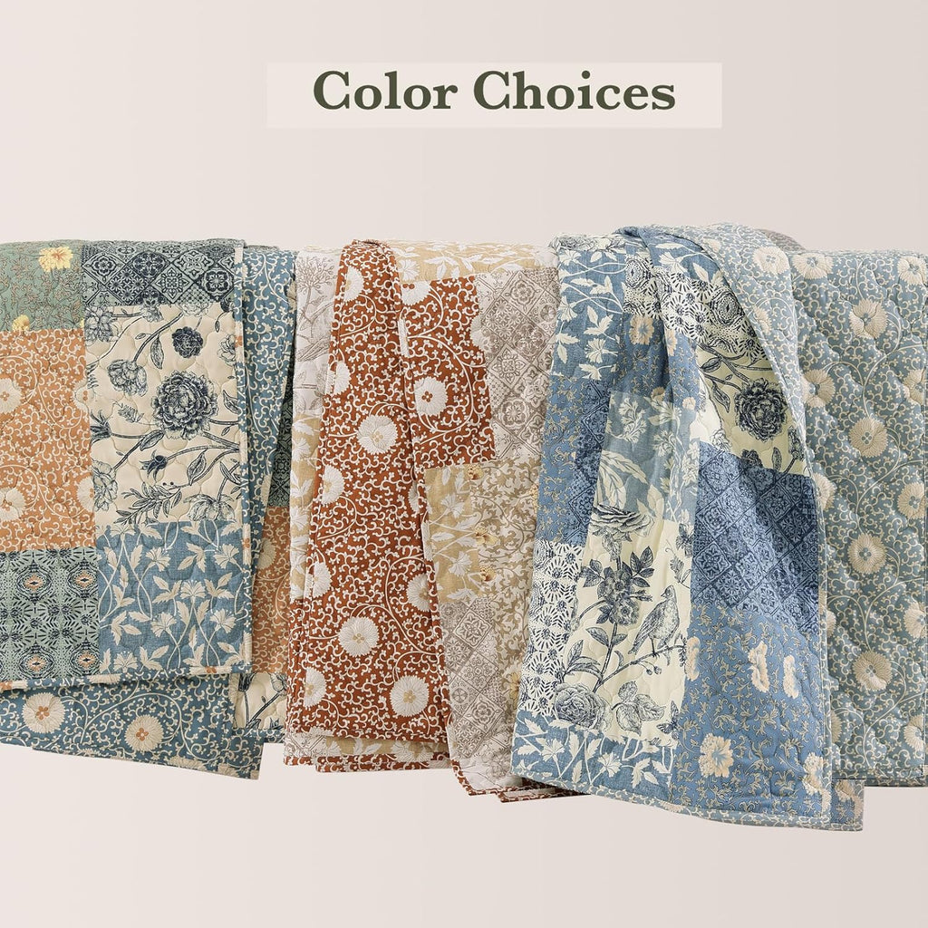 Quilt Set - 3 Pieces Patchwork Green Quilt Bedding Set, Lightweight Bedspread Coverlet, Reversible Floral