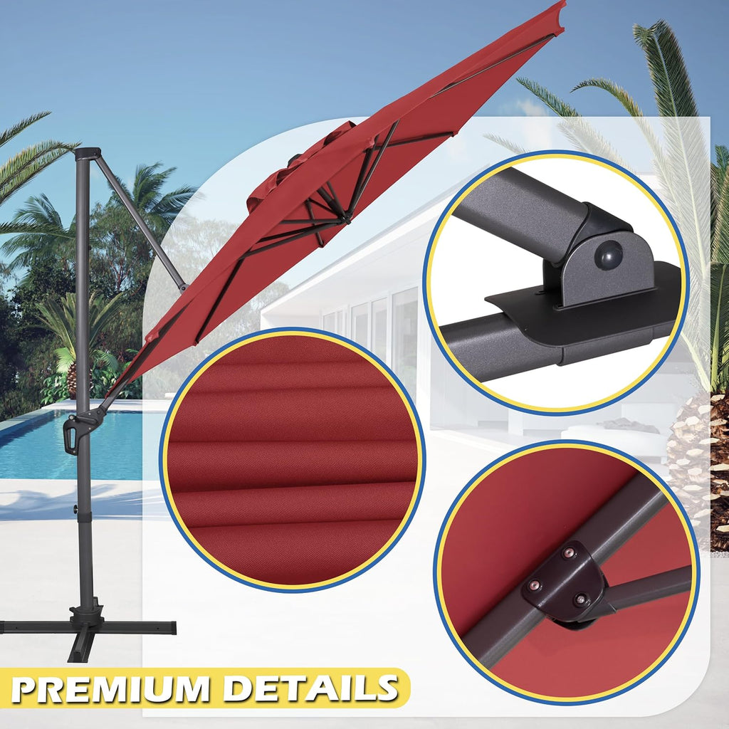 10Ft Cantilever Patio Umbrella, 360° Rotation & Integrated Tilting System Offset Umbrella with 8 Sturdy Ribs - Red