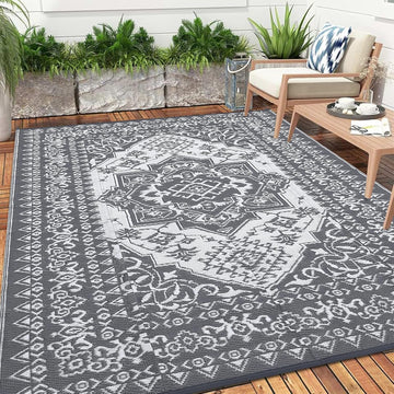 9x12 Outdoor Rug Waterproof Reversible Mat Indoor Outdoor Rugs Carpet, Boho Vintage Large Outdoor Pl