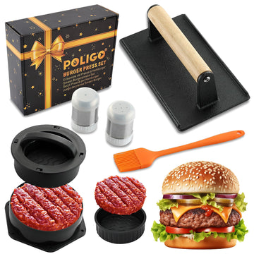 5PCS Smash Burger Press Kit - 4 in 1 Hamburger Patty Storage Containers, 7.68"X4.1" Cast Iron Smash Bacon Press - Non
