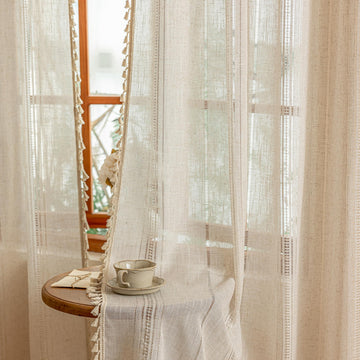 Boho Macrame Curtains 84 Inches Long Semi Sheer Light Filtering Privacy Drapes, Farmhouse Rustic Home Decor