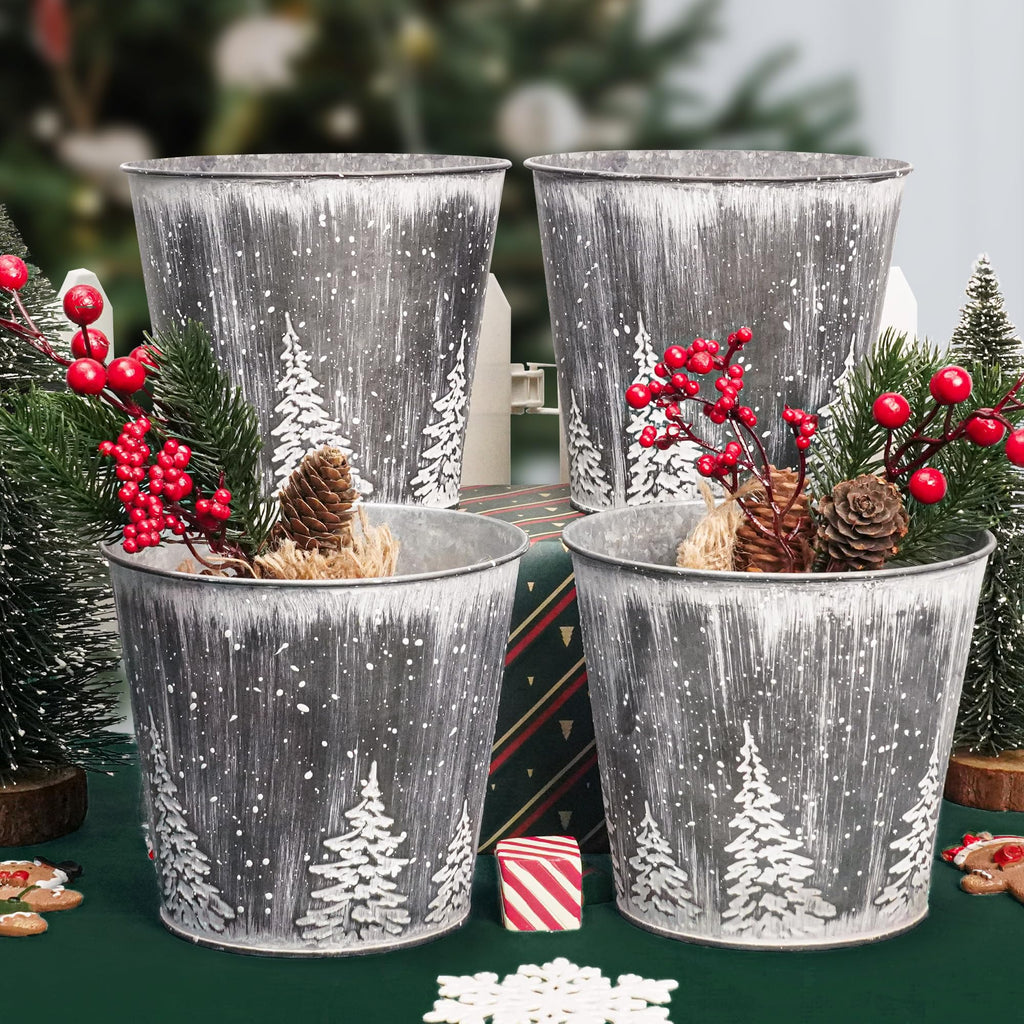 Christmas Galvanized Buckets, Silvery Small Metal Bucket Christmas Ice Buckets, Farmhouse Pails Plants Flowers Tin