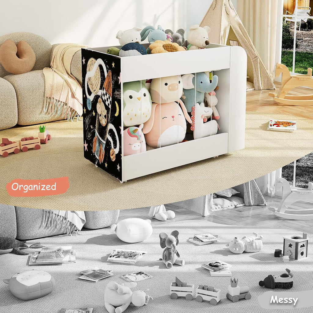3-in-1 Toy Storage Box with Bookshelf and Chalkboard, Large Stuffed Animal Toy Chest on Wheels, Kids Toy Storage