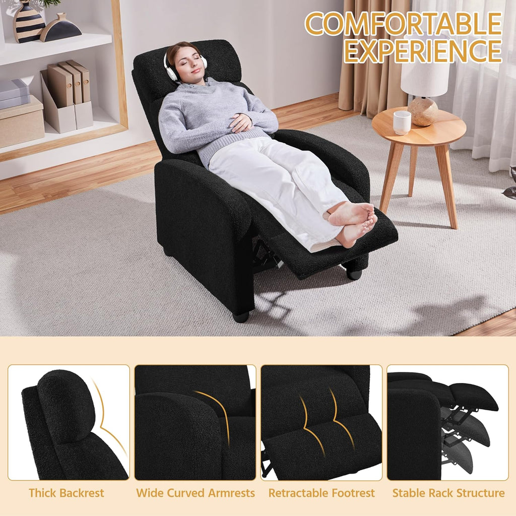 Boucle Recliner Chair Single Sofa Home Theater Seating, Adjustable Modern Push Back Armchair with Pocket Springs