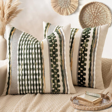 Pack of 2 Boho Decorative Throw Pillow Covers 18x18 Farmhouse Cushion Case Striped Chenille Pillow Cases Square