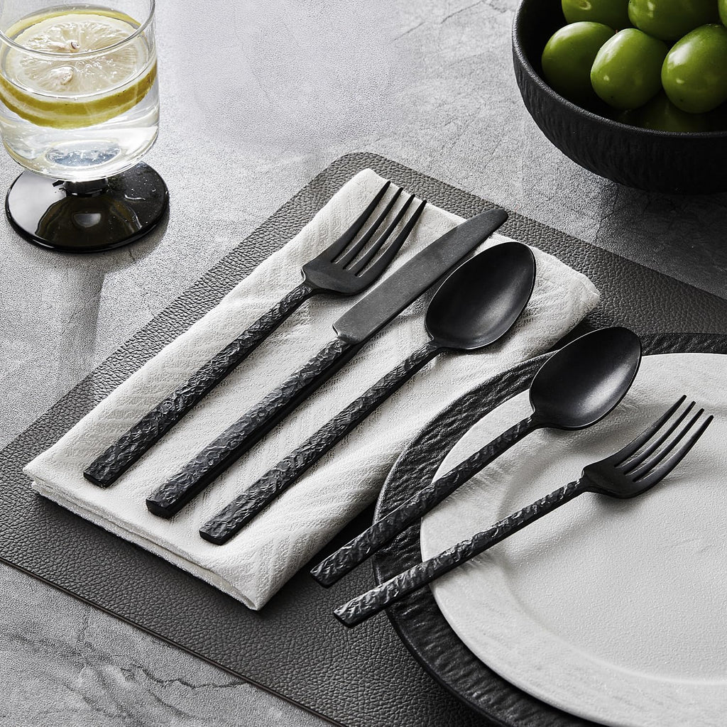 40 Pieces Black Hammered Silverware Set for 8, 18/10 Stainless Steel Heavy Duty Flatware Set