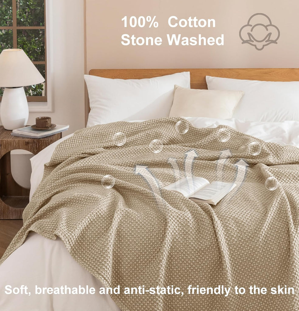 100% Cotton Blanket Throw Size, Machine Washable,Oatmeal,50x60 Inches