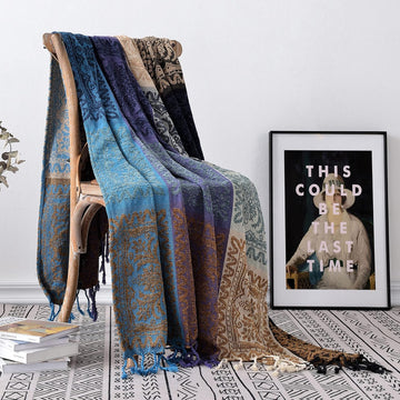 Boho Chair Cover Colorful Chenille Tassels Hippie Throw Blanket, Blanket for Bohemian Living Room Decor Purple(60"*75")