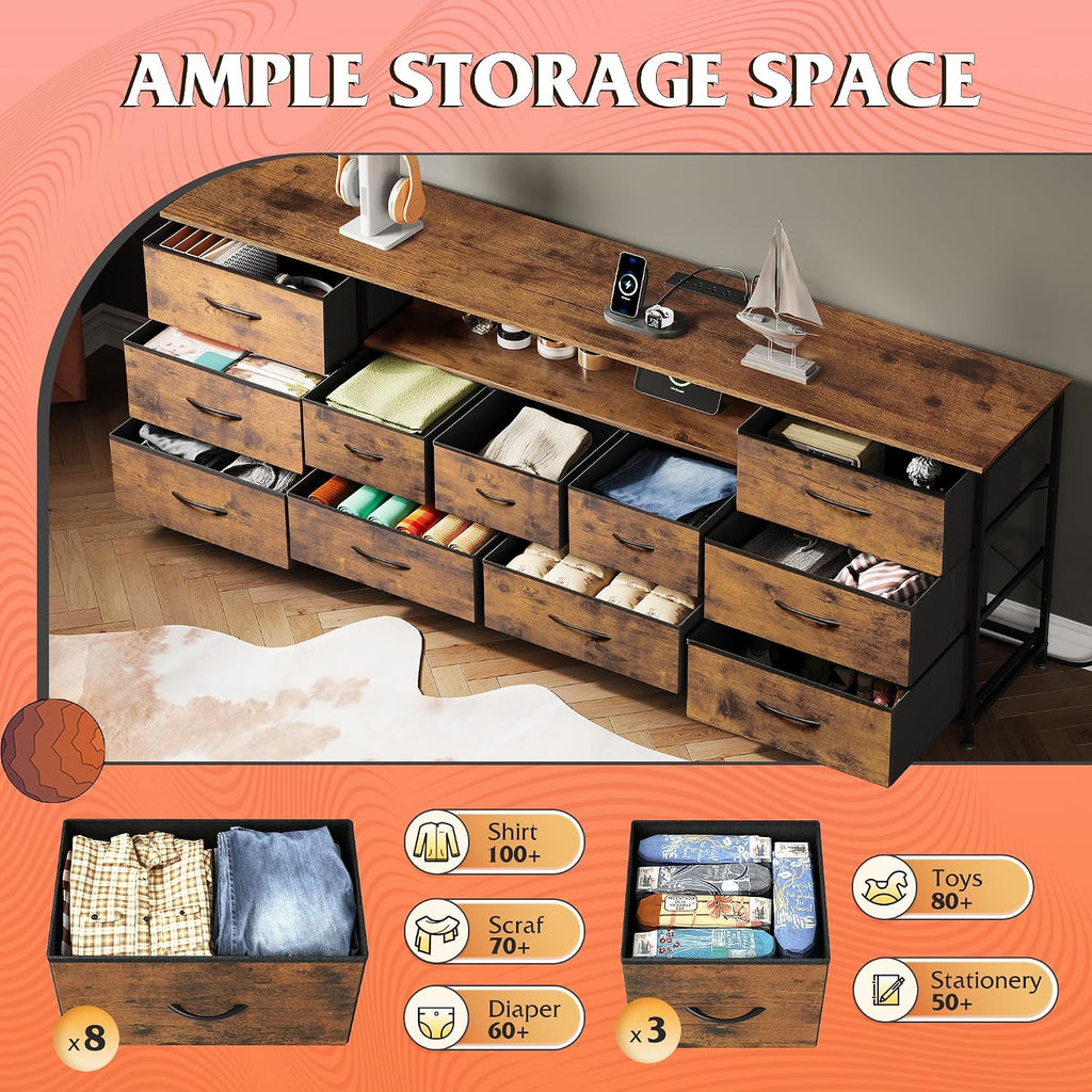 75.5" TV Stand for 65, 75, 80, 85 Inch TV, Dresser for Bedroom with Power Outlets & LED Lights, 11 Drawer Fabric