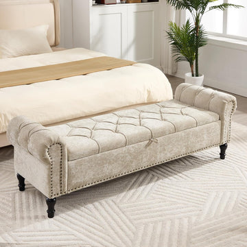 Storage Bed Bench , Chenille 67" End of Bed King Size Benches with Armrest, Tufted Button Upholstered Ottoman Bench