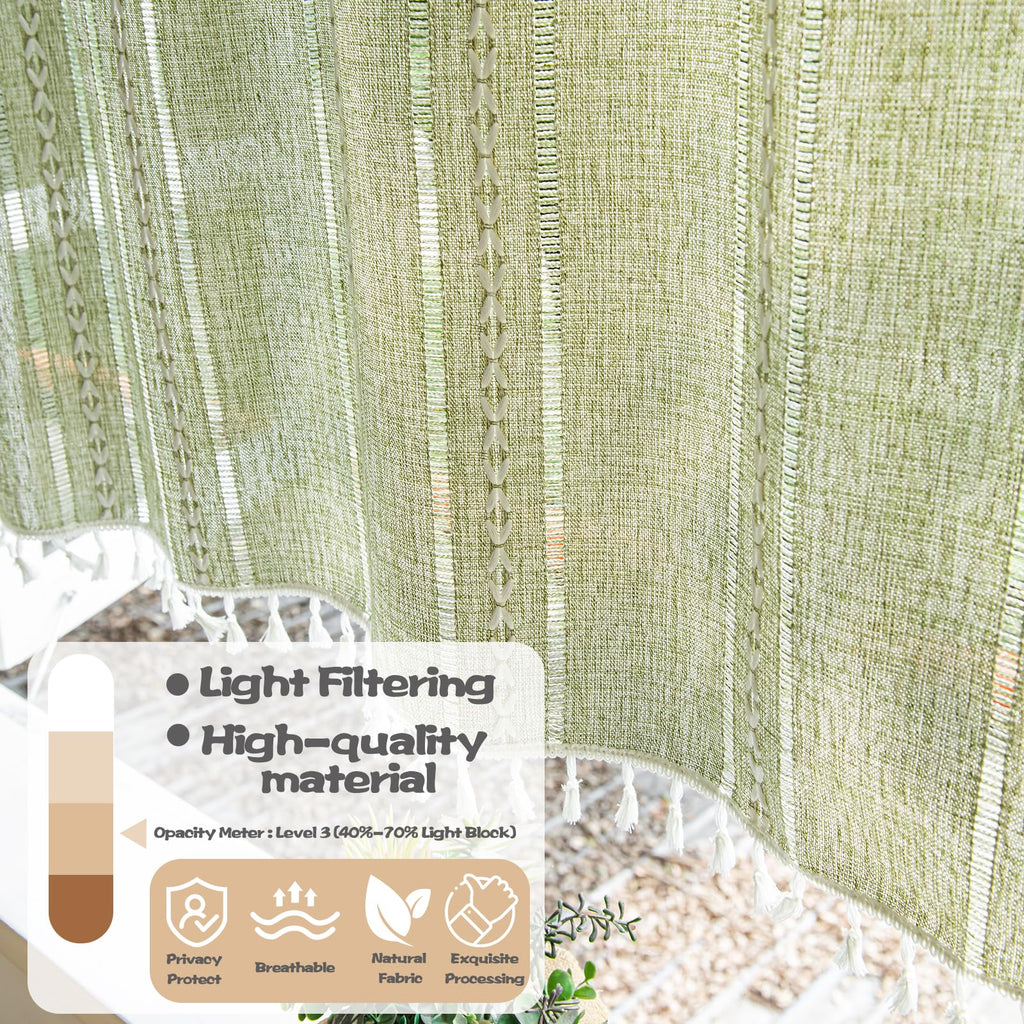 Green Boho Curtain 52W x 18L inch White Striped Light Filtering Short Valance, 1 Panel Embroidery Bohemian Farmhouse