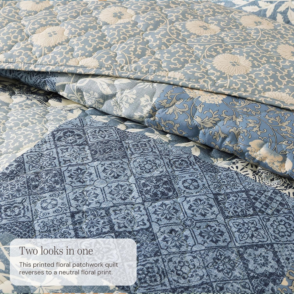 Quilt Set Queen, Patchwork Blue Floral Quilt Sets, Reversible Bedspread Lightweight and Breathable for All Seasons