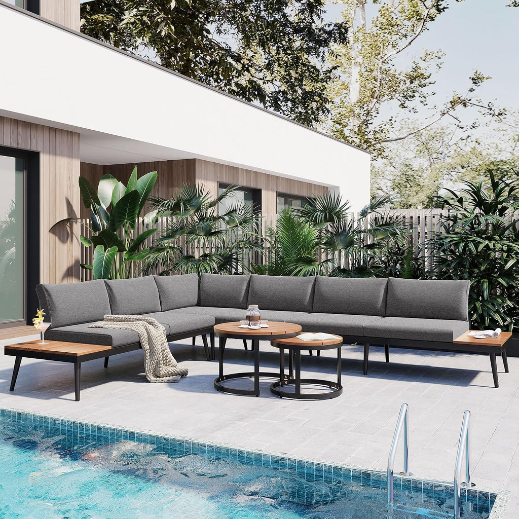 4-Piece Outdoor Sectional Sofa Set with Nesting Coffee Table and Cushion, Outdoor Acacia Wood L-Shaped Corner Sofa