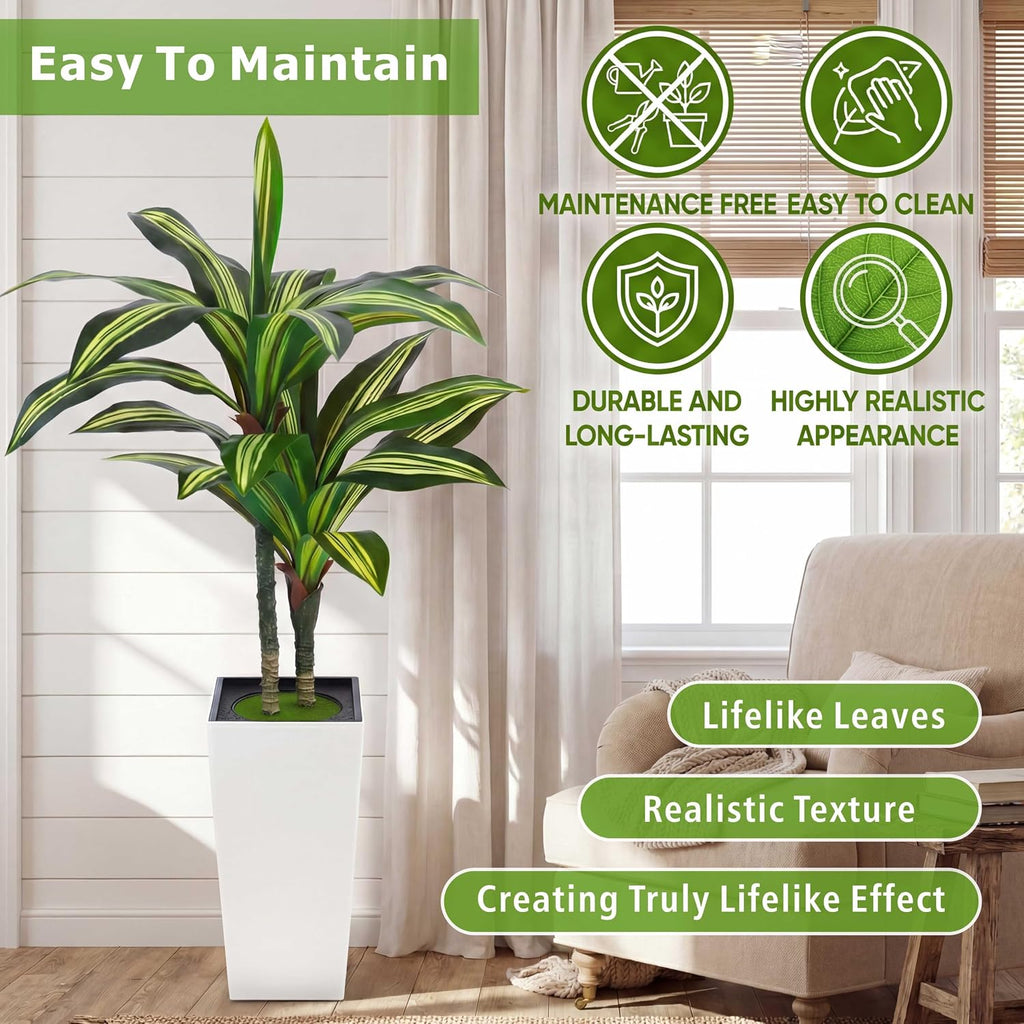 4FT Dracaena Artificial Plant, with White Tall Planter | Fake Tree Indoor,Lifelike Leaves,Leaves Are Easy to