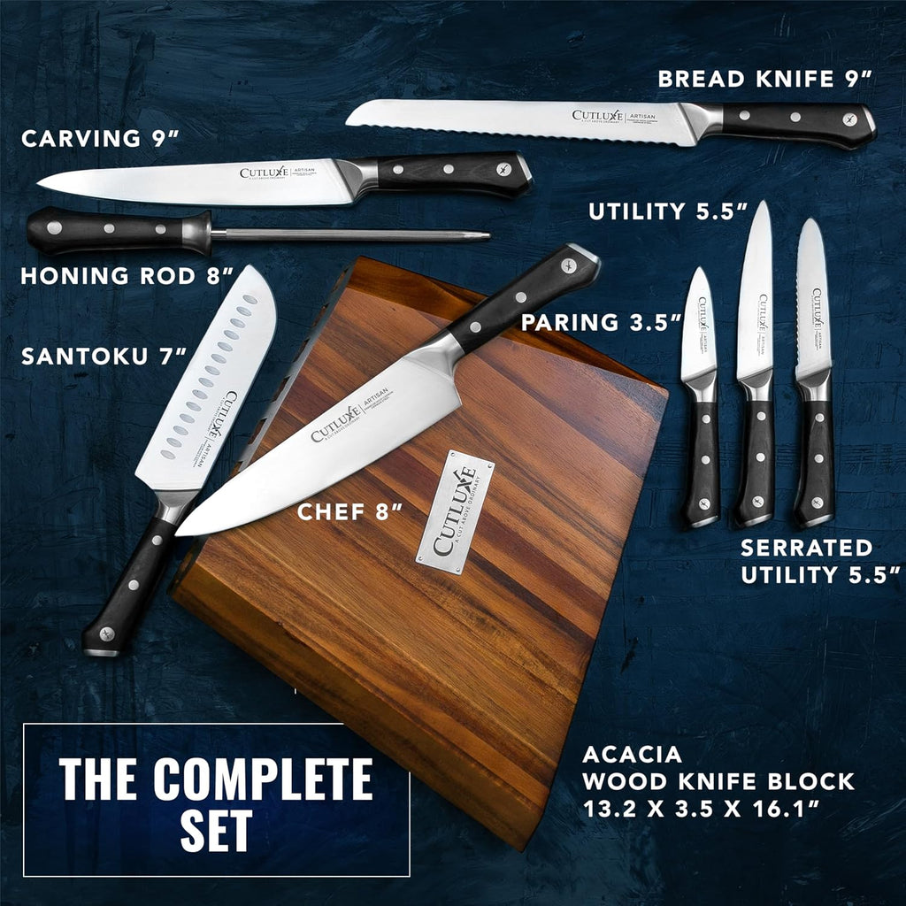 Kitchen Knife Set, 8-Piece Chef Knives with Acacia Wood Block | Razor Sharp Full Tang Blades, High Carbon German