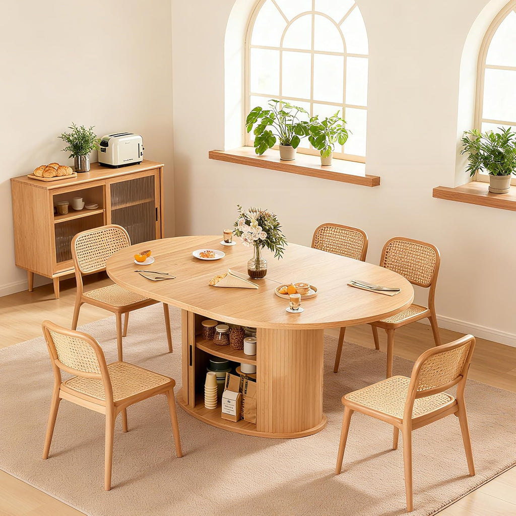 Extendable Round Dining Table for 2-4-6, 63 Inch Dining Room Kitchen Table with 2-Tier Storage Shelf, Modern