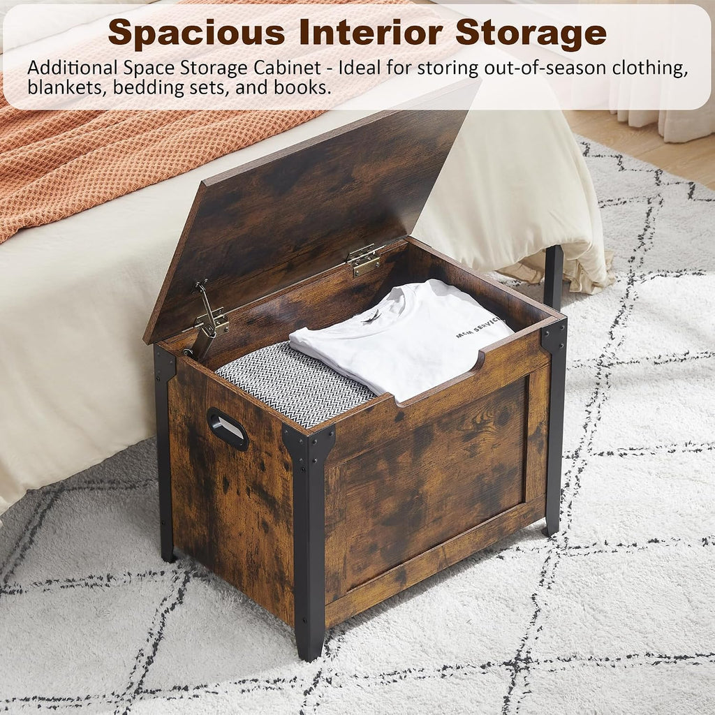 23.6" Storage Bench with 2 Safety Hinges, Rustic Brown | Retro Wooden Storage Chest, Loads 300 lb, Easy Assembly