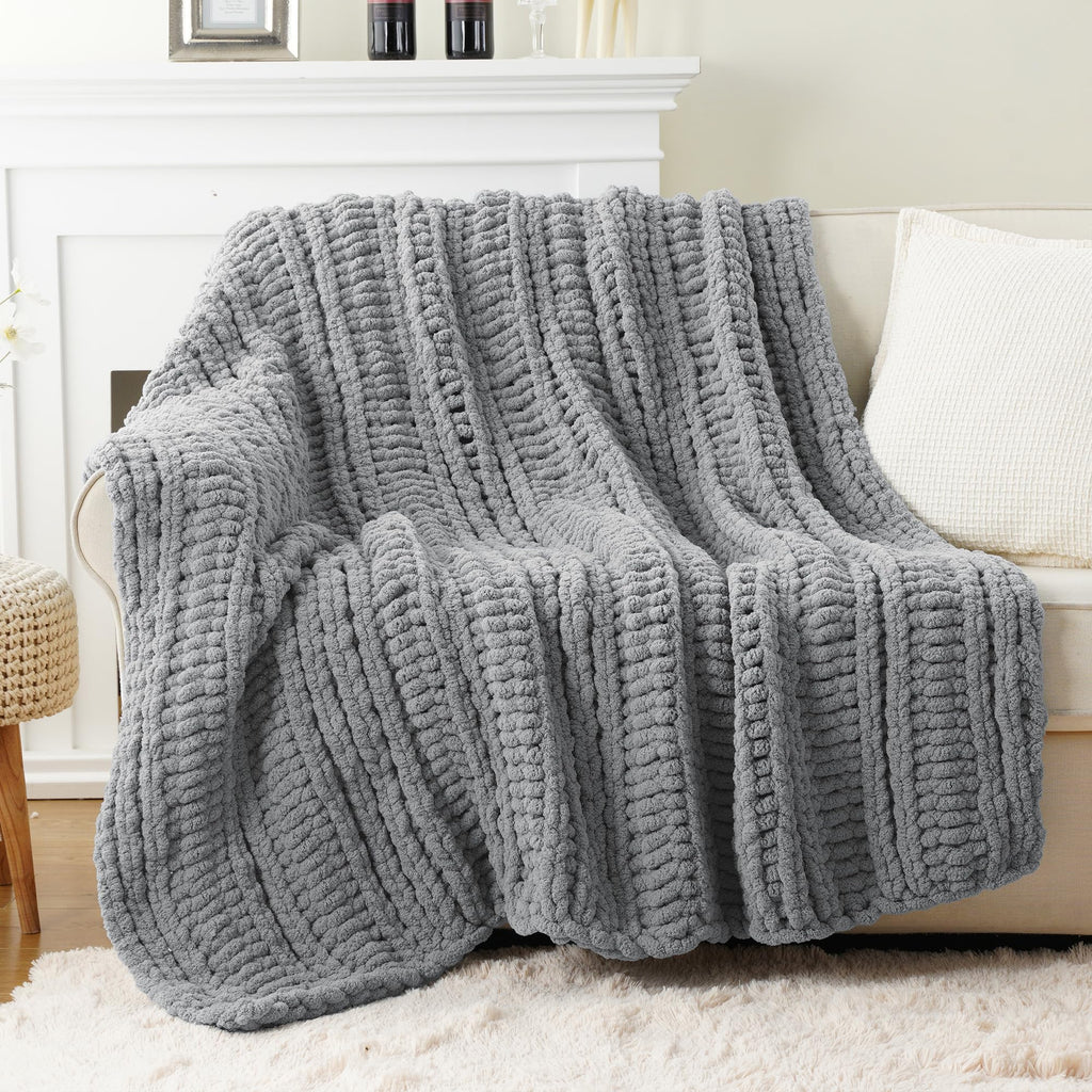 Light Grey Chunky Knit Throw Blanket for Couch, 50"x60", Textured