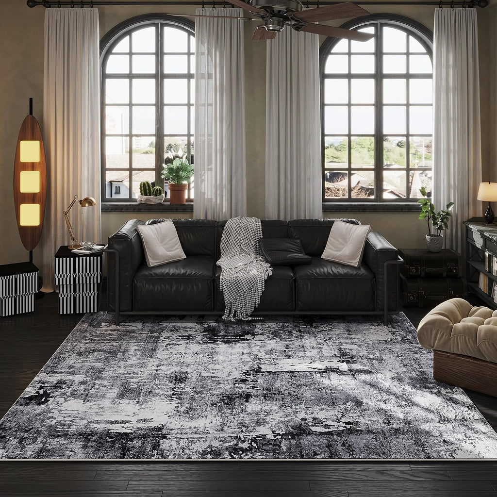 Area Rug 5x7 Washable Abstract, Grey and Black