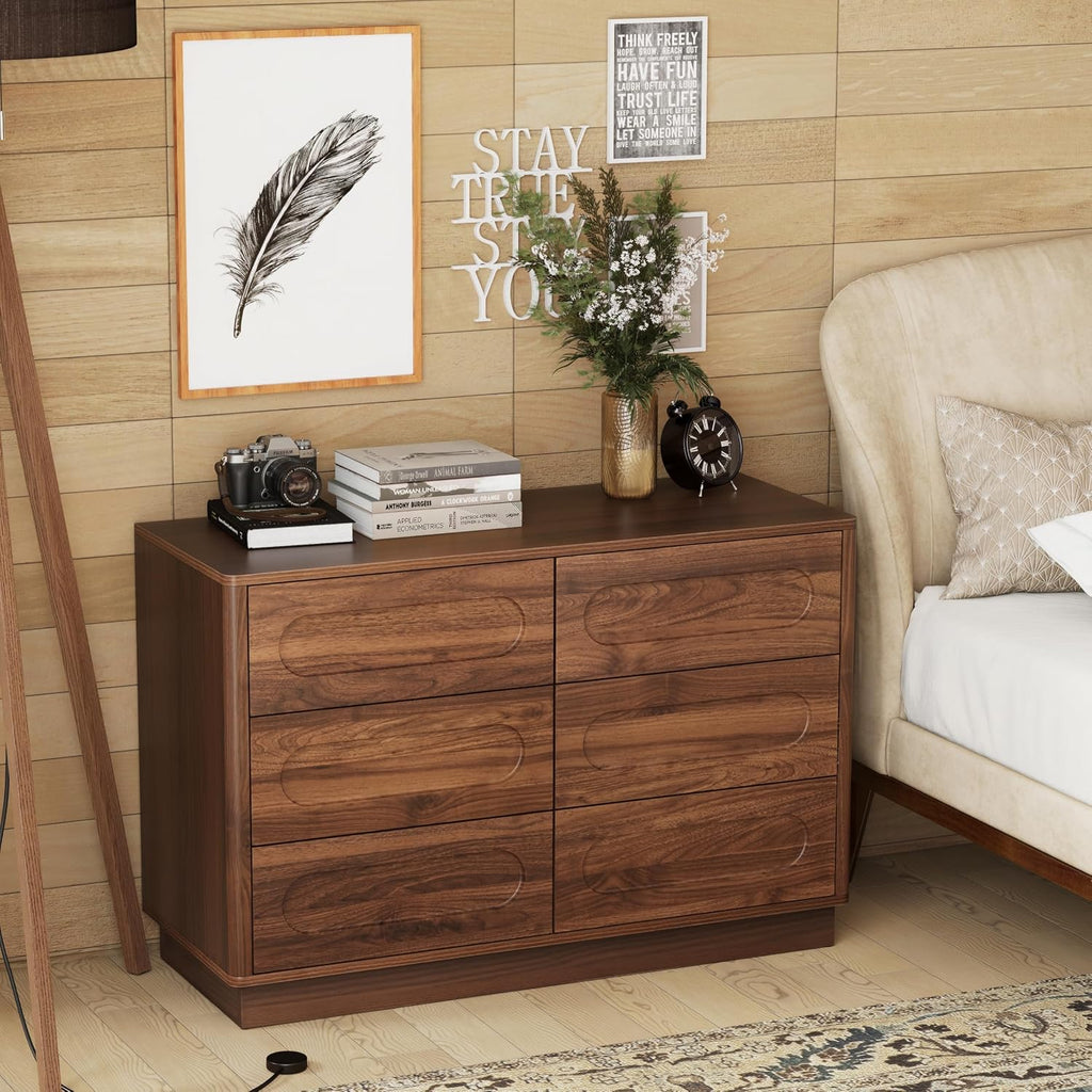 Modern 6 Drawer Dresser with Push-to-Open Drawers, Mid-Century Wide Bedside Table with Raised Base , Oval Groove