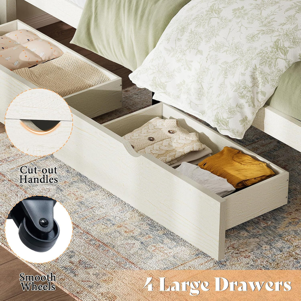 Queen Farmhouse Bed Frame with Headboard, Platform Bed with 4 Storage Drawers, Wood Bed Frame for Bedroom, Wood Slats