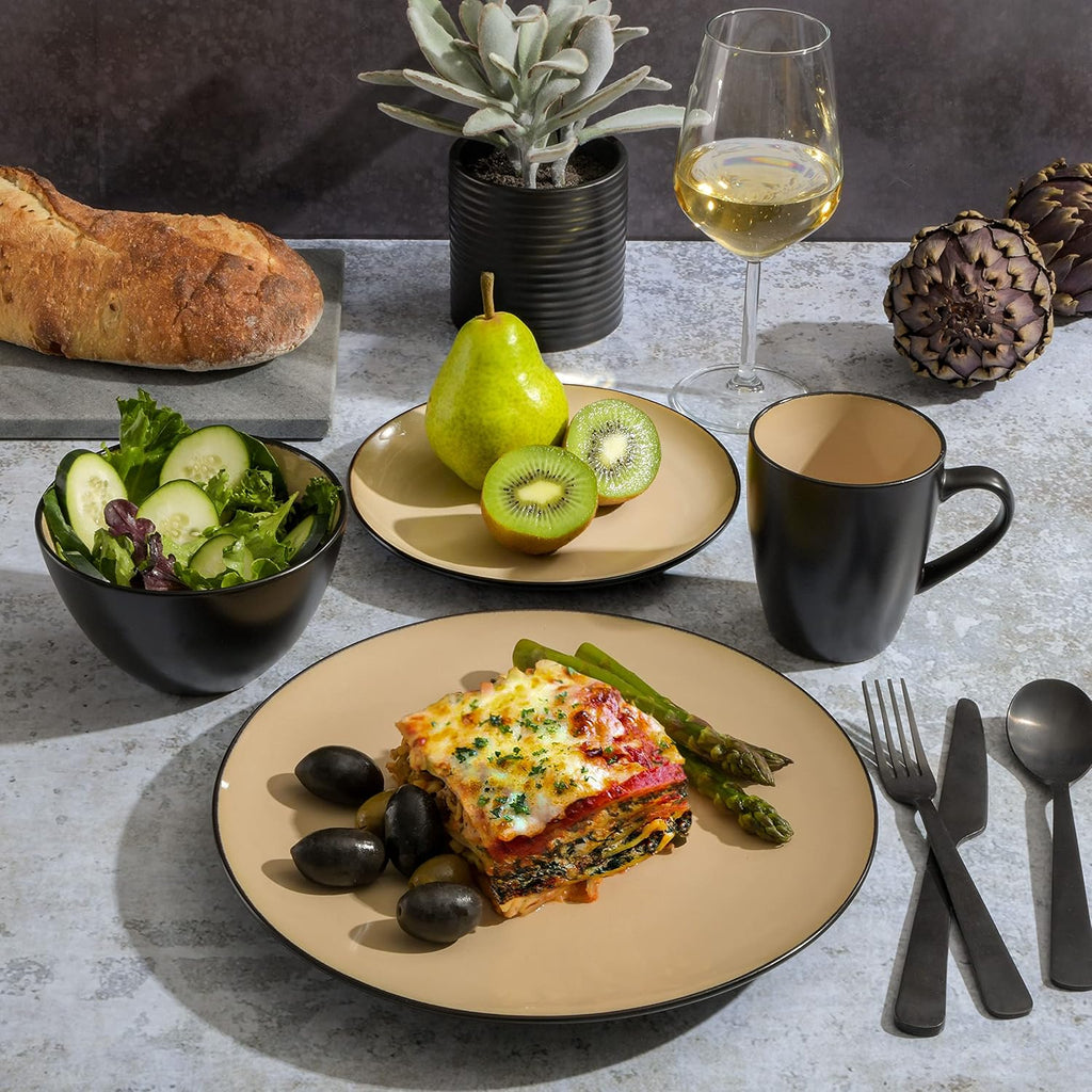 Soho Lounge 16-Piece Round Reactive Glaze Stoneware Dinnerware Set, Service for 4 - Taupe Plates and Bowls