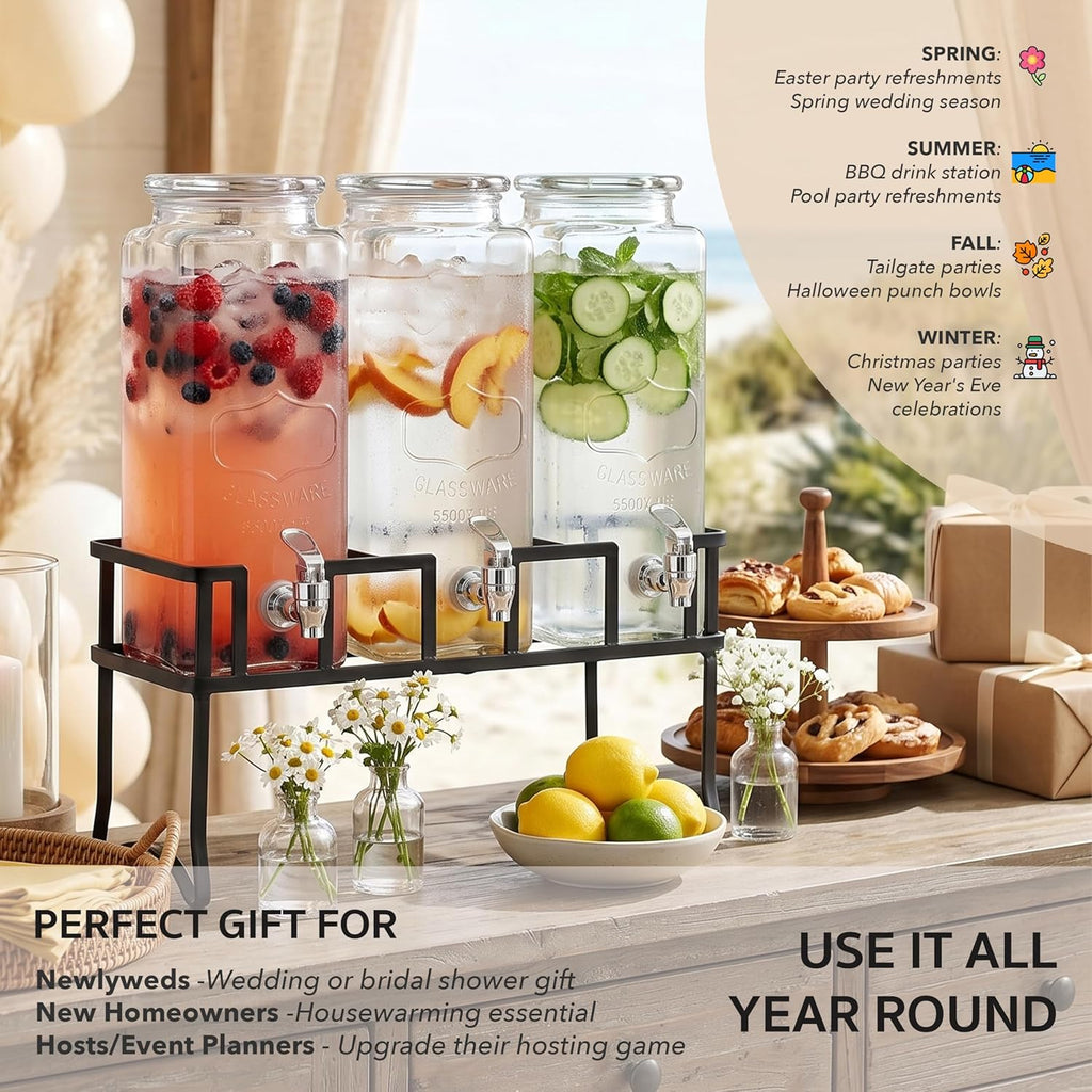 Triple Chalkboard Beverage Dispensers with Metal Stand & Spigot, Glassware for Water, Iced Tea, Punch, Cold Drinks