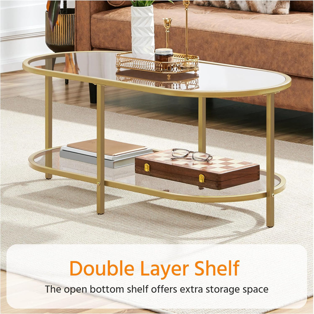 42" Oval Glass Coffee Table, 2-Tier Center Table with Storage Shelf for Small Space, Office