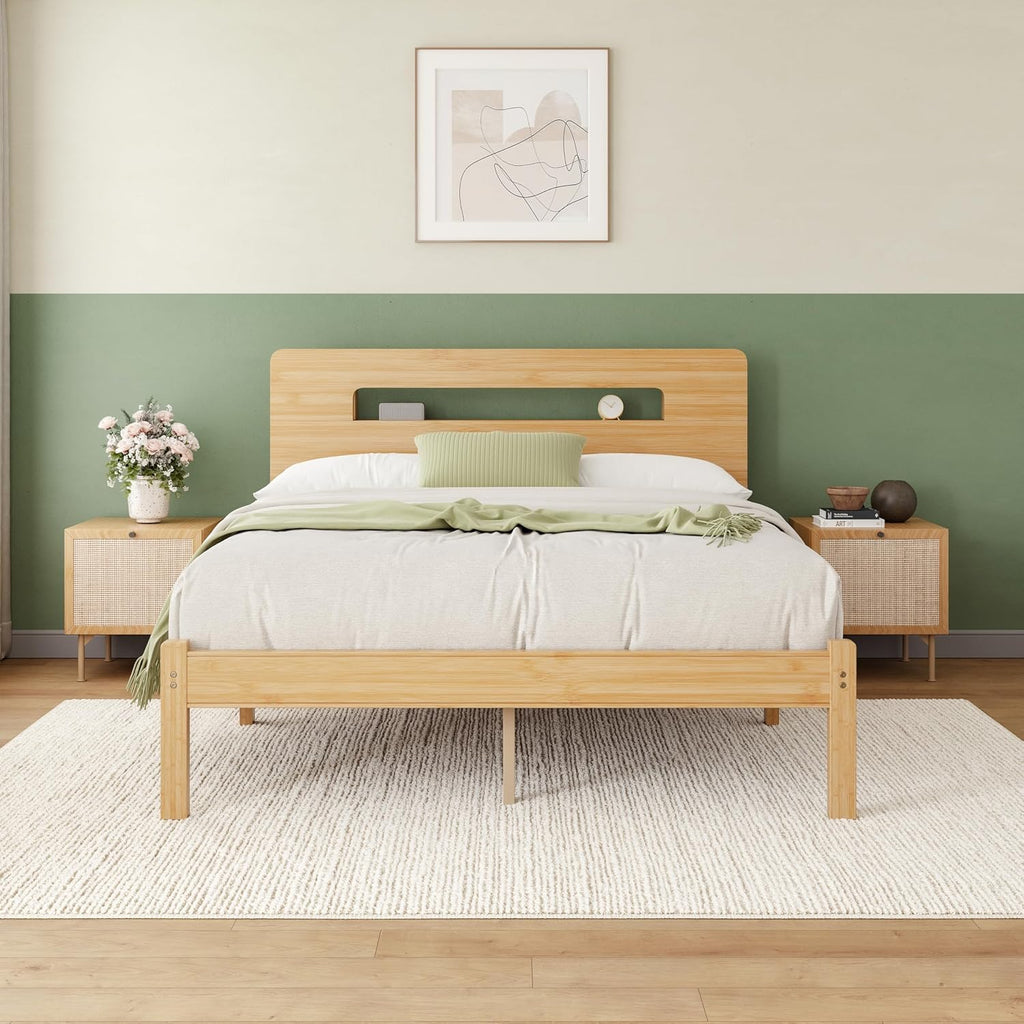 Solid Bamboo Wood Queen Bed Frame with Storage Headboard, 14 inch Platform Bed Frame Queen No Box Spring Needed with Steel Slats, Sturdy and Stable, Easy Assembly, Noise Free
