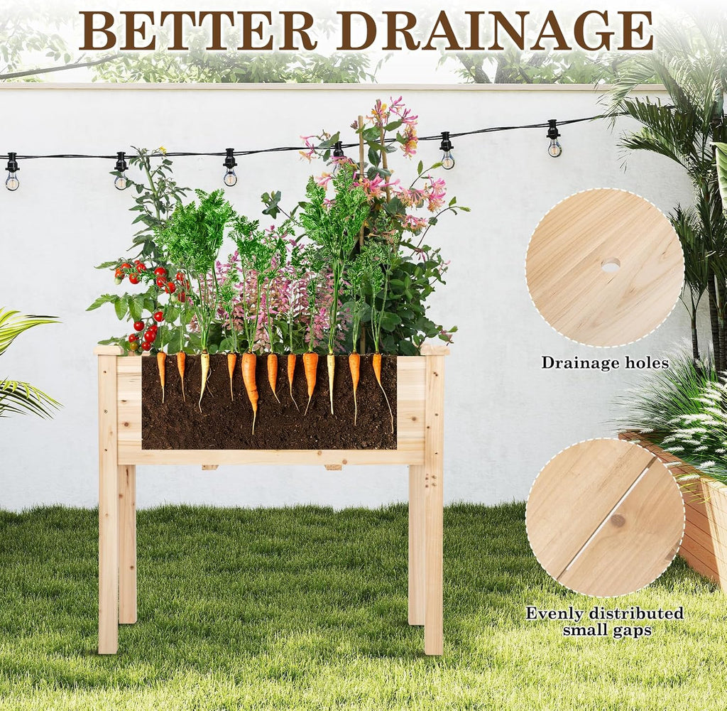 Raised Garden Bed with Legs, 32x16x30 inch Wood Elevated Planter with Protective Liner for Vegetable Flower Herb