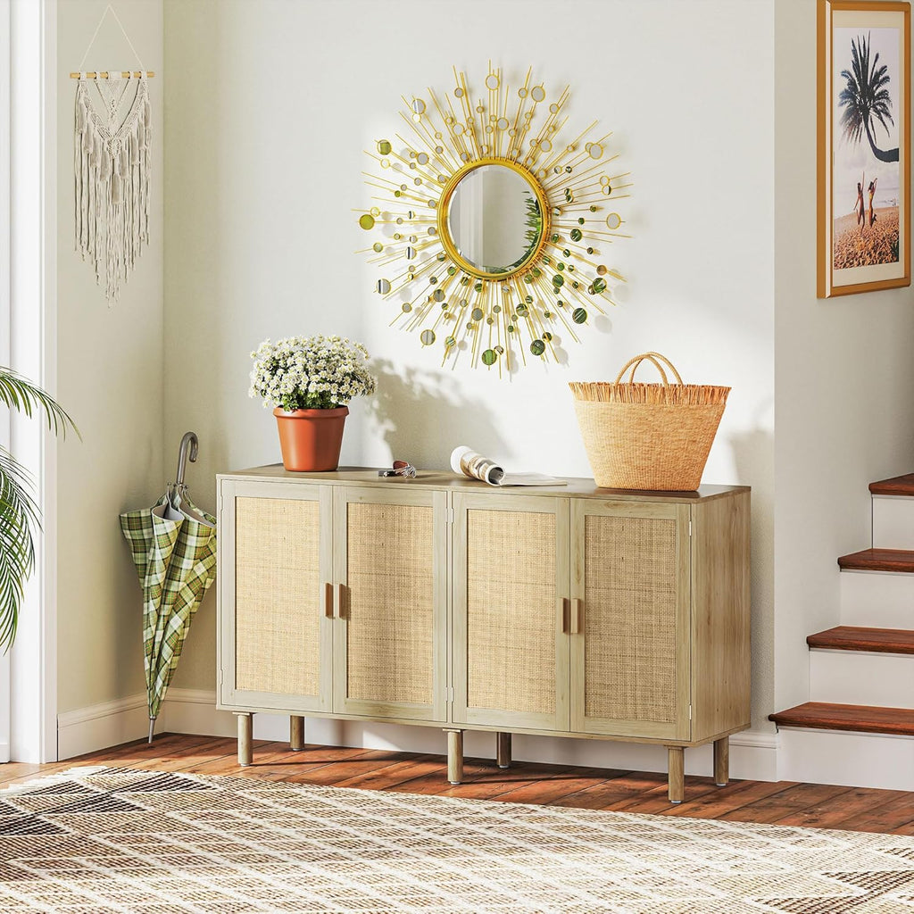 Sideboard Buffet Cabinet, 62" Boho Buffet Table, Rattan Coffee Bar Cabinet with 4 Doors and Shelves for Kitchen