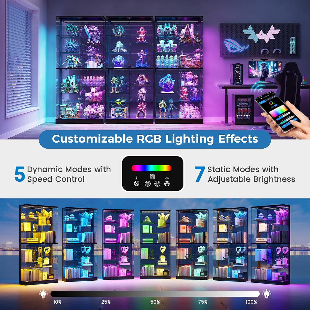 Lockable Display Cabinet with Glass Doors and RGB Lights - Black