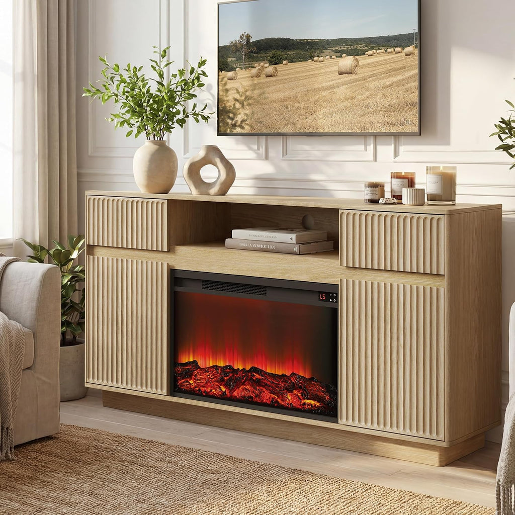 Fireplace TV Stand with 30" Electric Fireplace, Modern Fireplace Entertainment Center Fits TVs up to 70", Fluted Wood