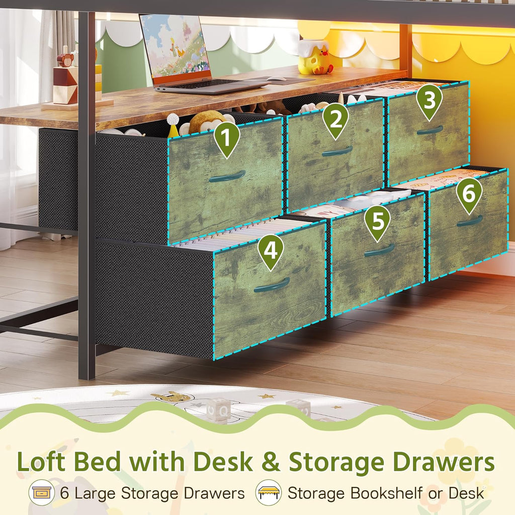 Full Low Loft Bed with Desk,Full Bed Frame with 9 Storage Drawers