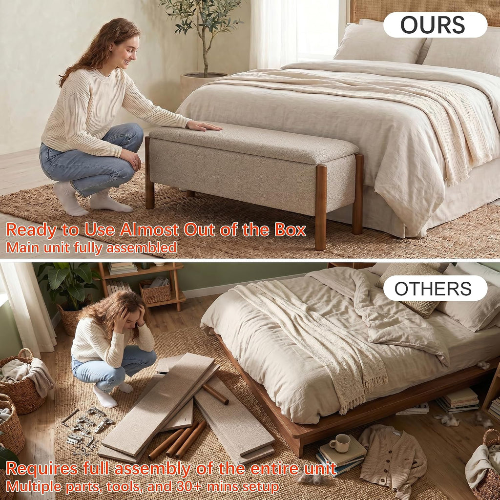 Modern Storage Benches with Walnut Wood Legs, 47'' Ottoman Bench with 20 Gallons Storage Space End of Bed, Fabric