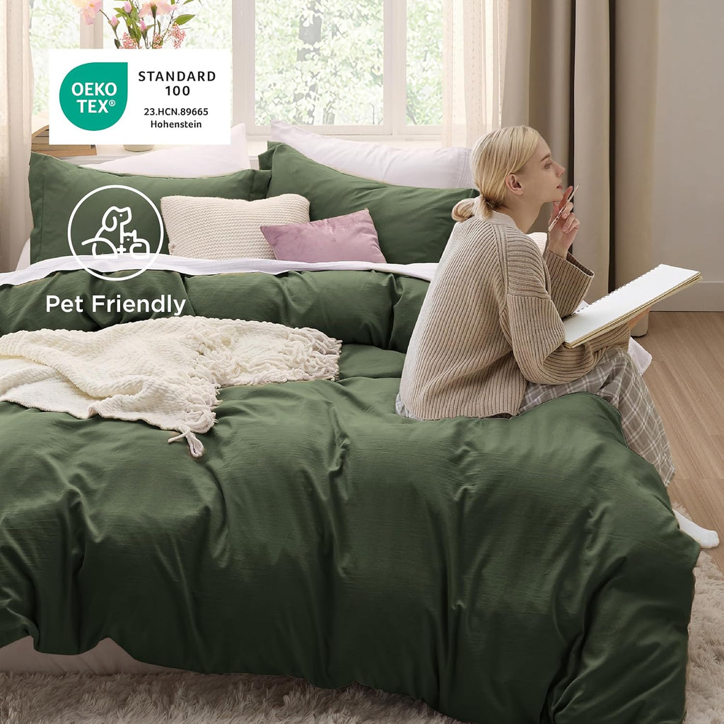 Olive Green Duvet Cover - 3 Pieces Prewashed Cotton-Like Polyester Extra Soft Bedding Set, Includes 1 Duvet