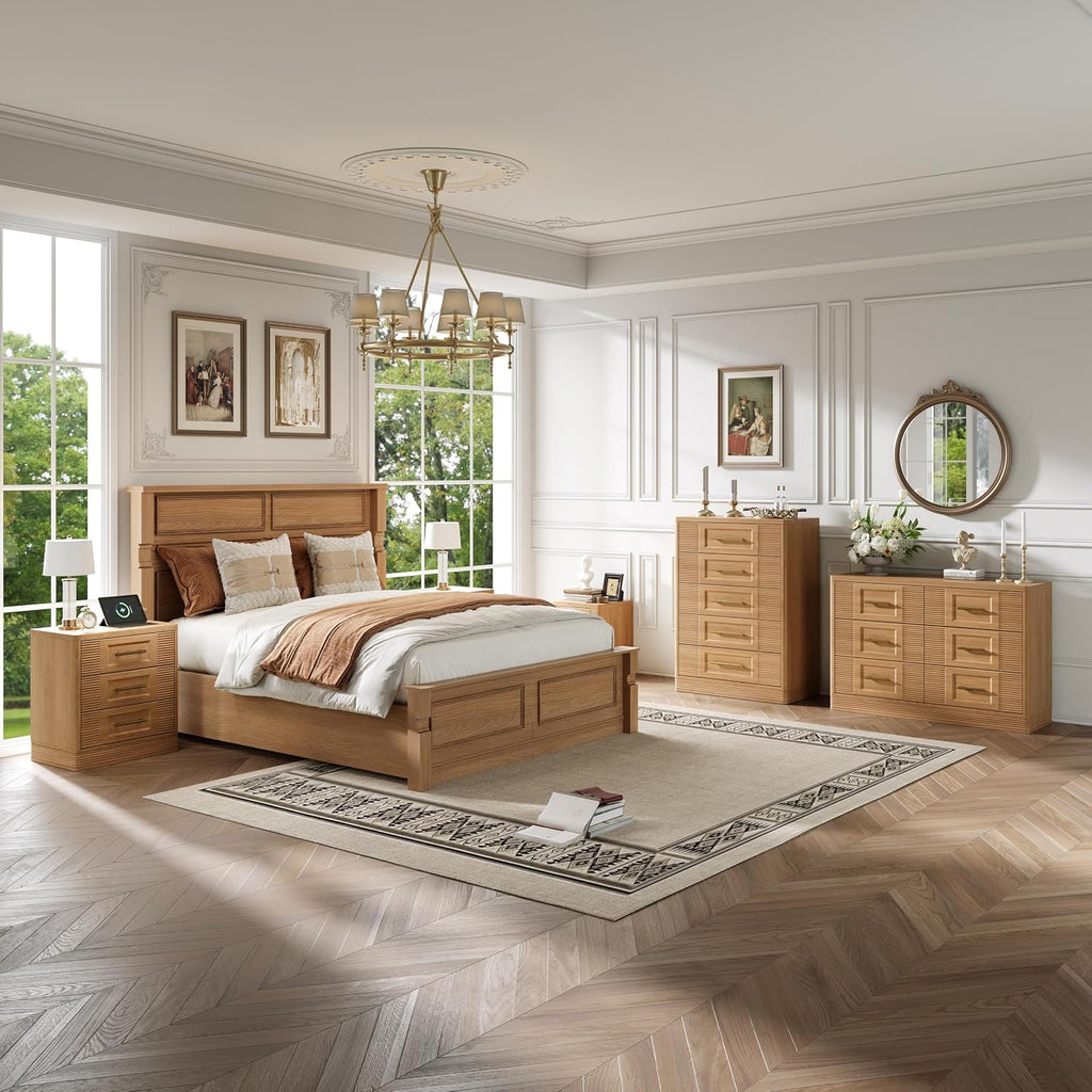 Farmhouse 5 Drawers Dresser , 44" Tall Modern Chest of Drawers, Wooden Curved Dresser Organizer , Natural Oak