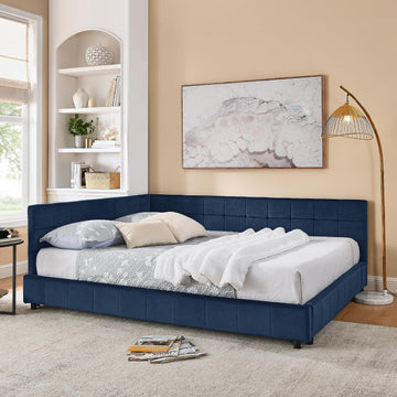 Queen Size Daybed, Velevet Upholstered Day Bed Frame with Tufted Backrest and Armrests,Solid Wood Slat Support,No Box