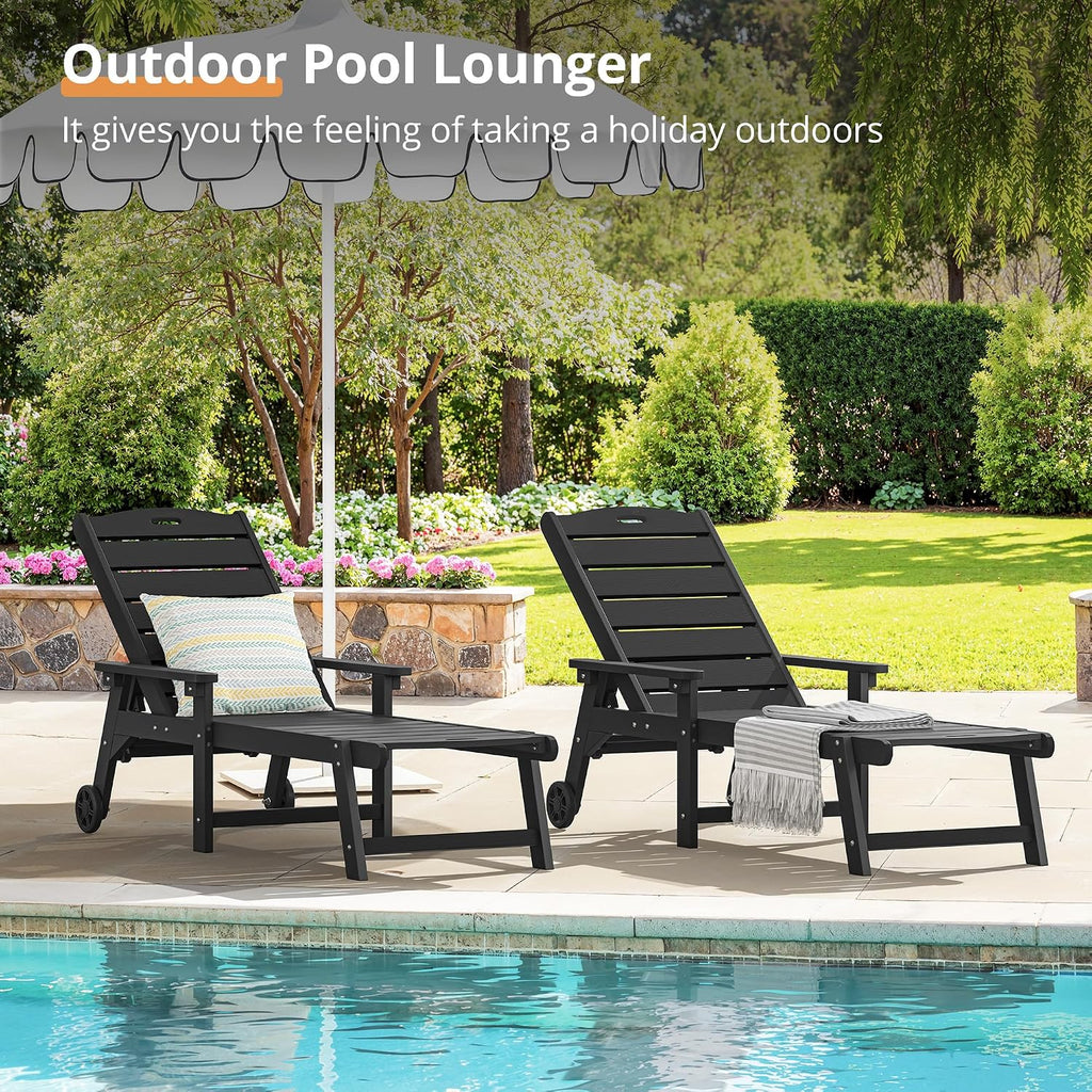 Outdoor Chaise Lounge, 5‐Position, 2‐Pack, Black | HDPS Oversized Lounge Chair with Armrest, Fade & Crack Resistant