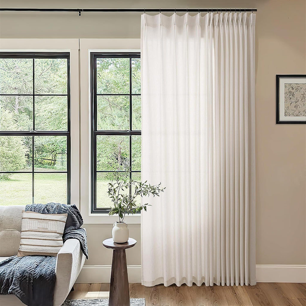 Pinch Pleat Linen Sheer Curtains for Patio Sliding Door Light Filtering Semi Sheer
