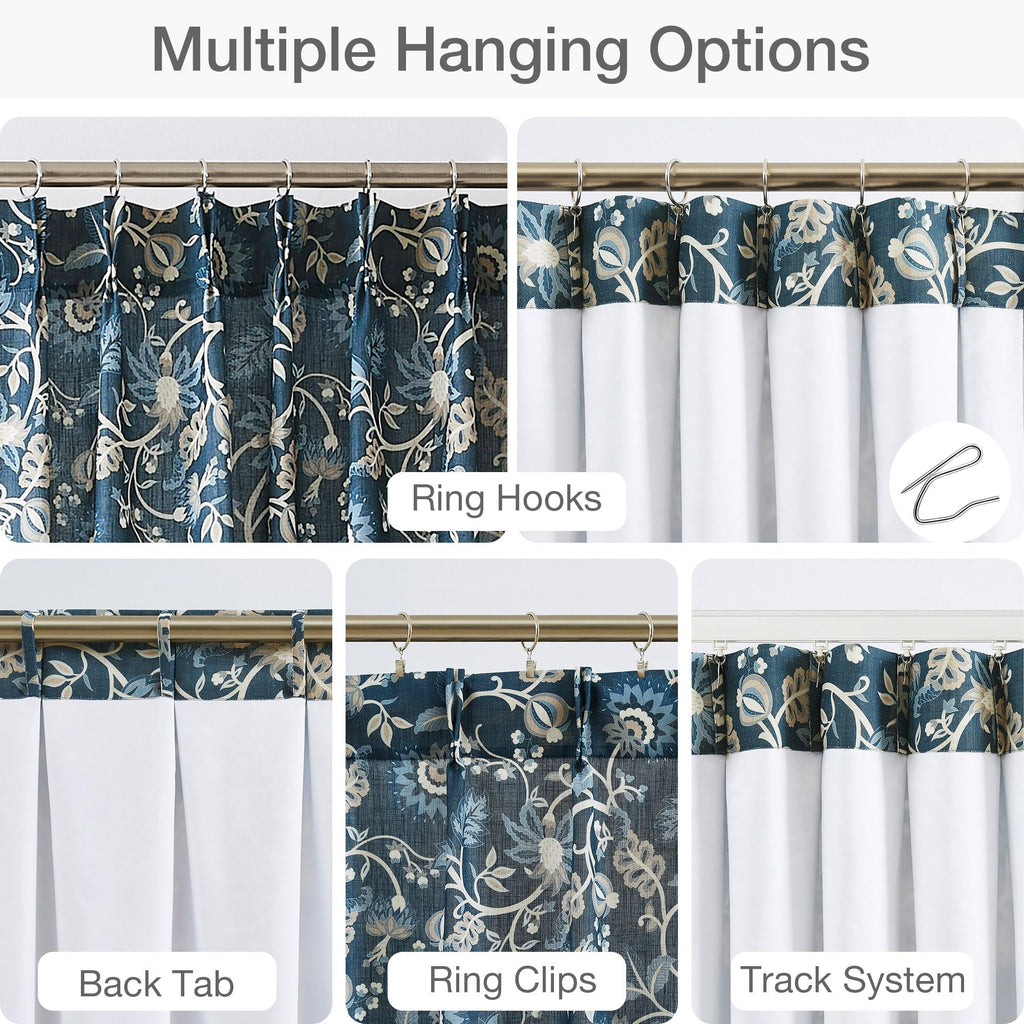 Navy Floral Pinch Pleat Light Filtering Curtains 95 inch Length