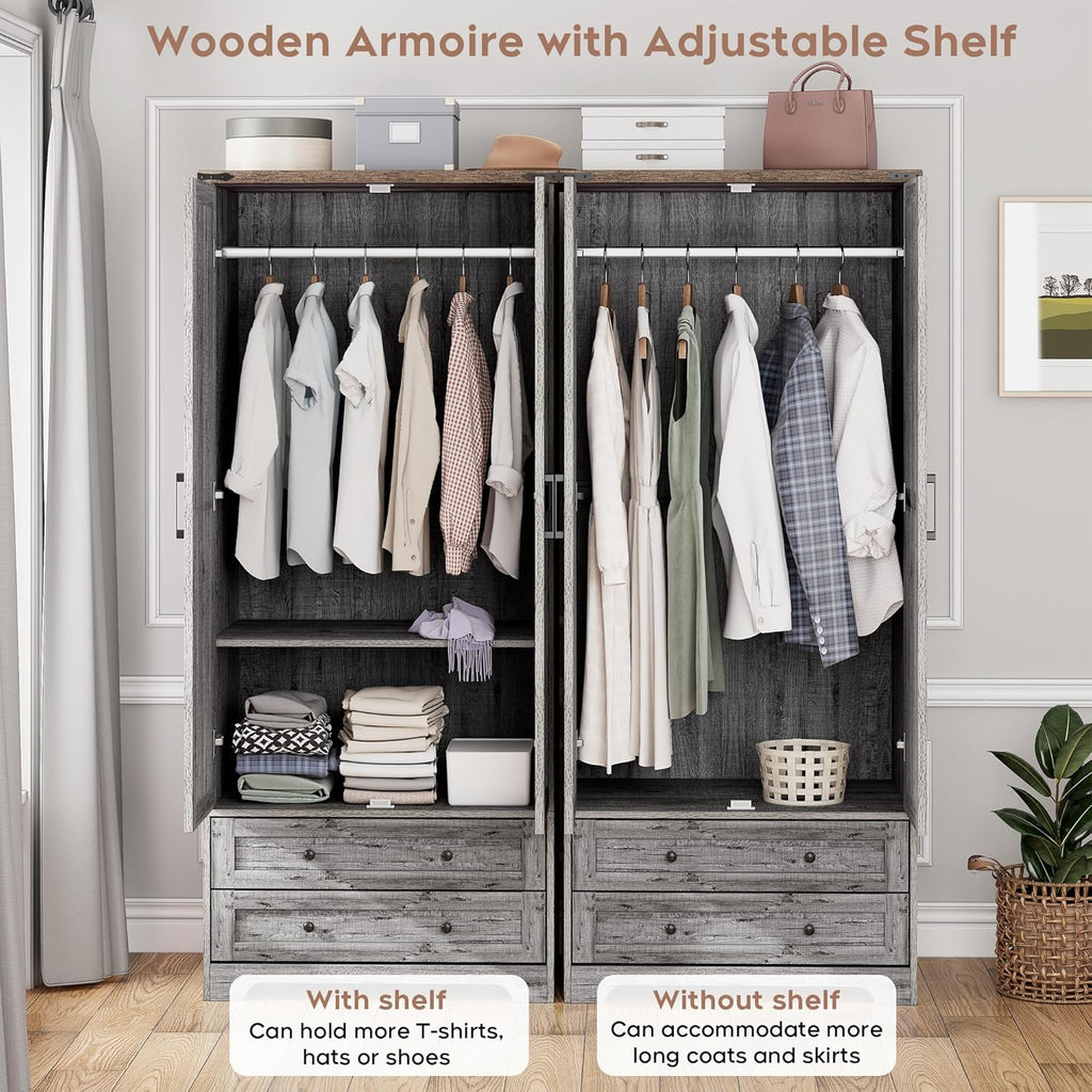 Wooden Armoire Wardrobe Closet with Drawers, Grey, 71" Tall,Set of 2 | 4 Modern Doors, Freestanding, with 4 Drawers