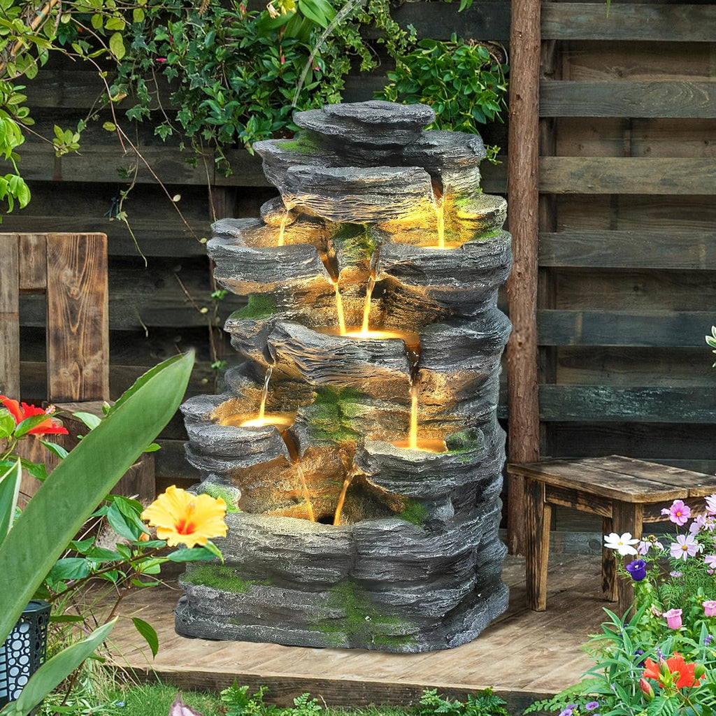 Outdoor 7-Tiers Cascading Rock Water Fountain, Waterfall Fountain with 6 LED Lights, Outdoor Fountains and Waterfalls