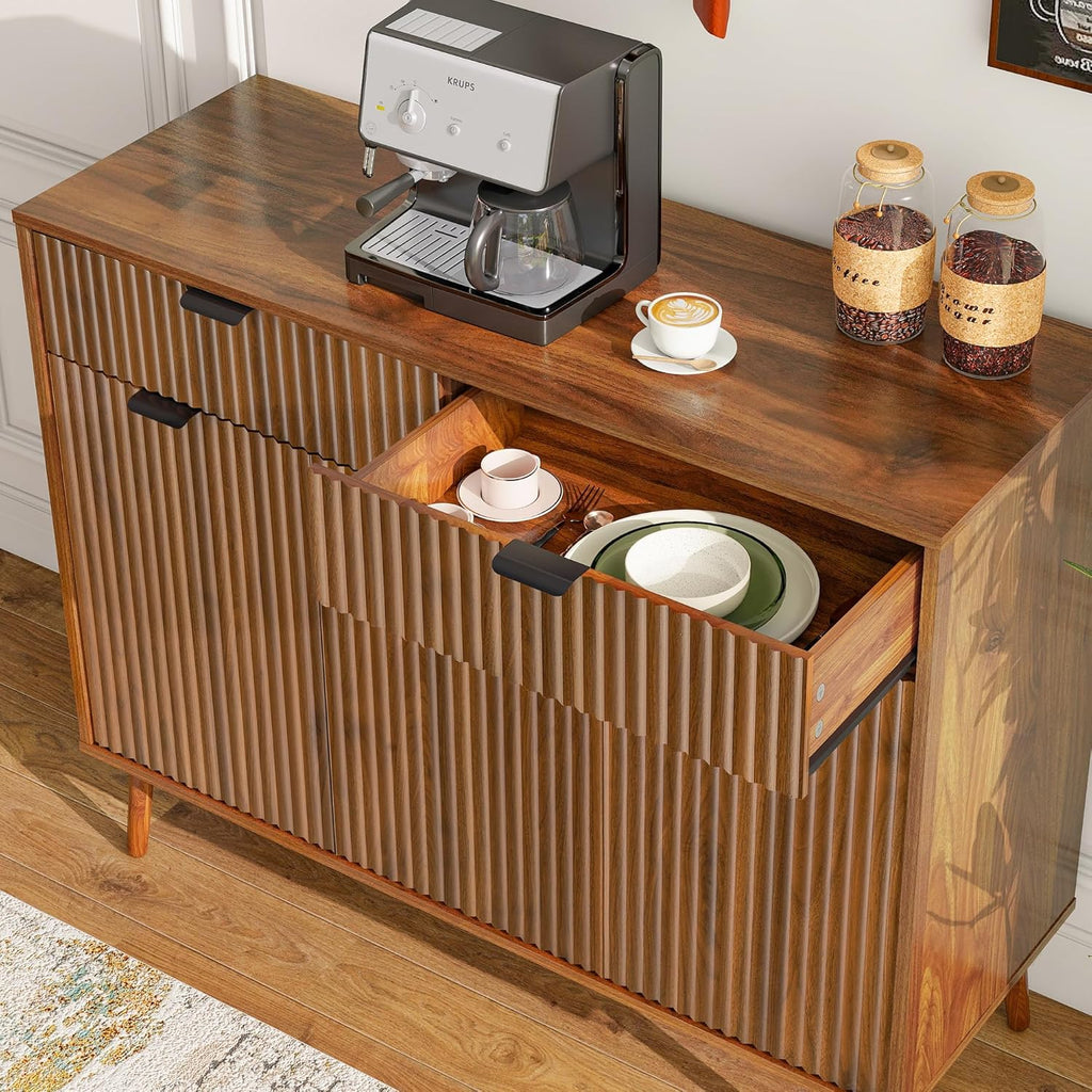 Fluted Sideboard Buffet Cabinet with Storage,2 Drawers and 3 Doors,Wood Coffee Bar Cabinet with Solid Wood Feet